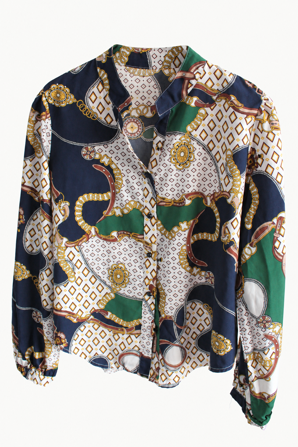 CR-0001, Navy & Emerald Scarf Print Button Blouse, garment-only front view. AI-edited from the actual garment photograph; hanger and background removed.