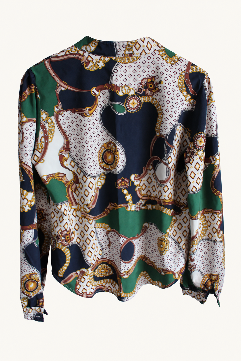 CR-0001, Navy & Emerald Scarf Print Button Blouse, garment-only rear view. AI-edited from the actual garment photo; hanger and background removed.