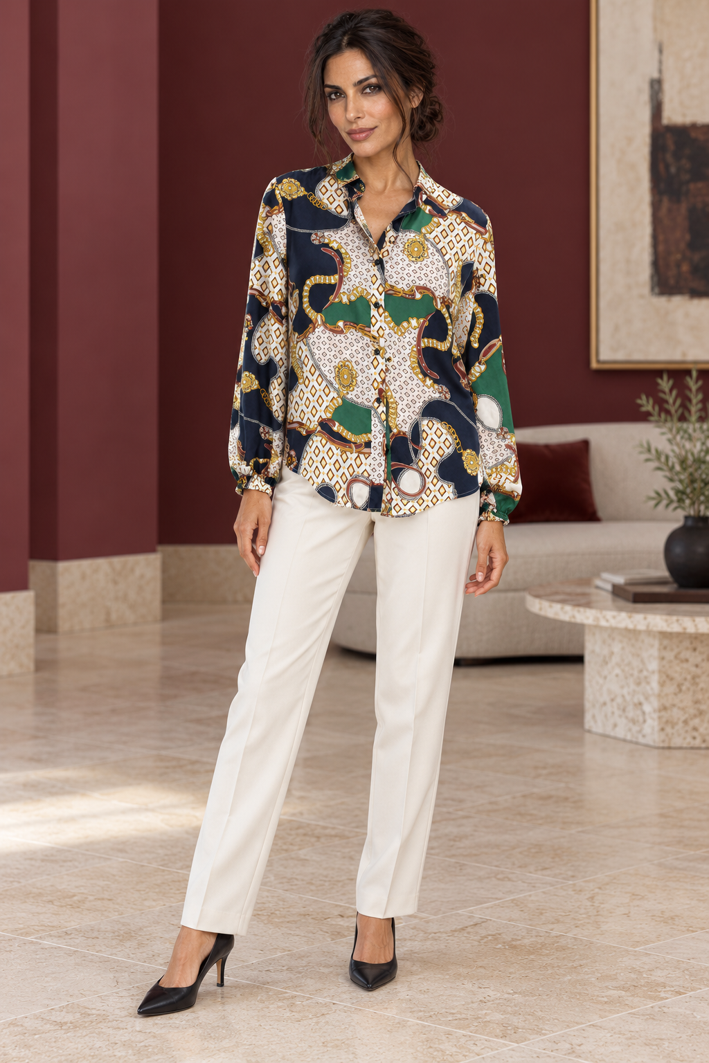 AI-generated model wearing Navy & Emerald Scarf Print Button Blouse, front view