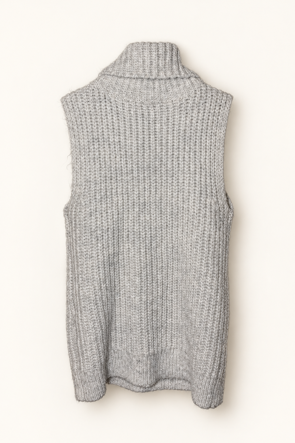 CR-0004, Light Grey Sleeveless Cowl-Neck Knit, garment-only rear view. AI-edited from the actual garment photo; hanger and background removed.