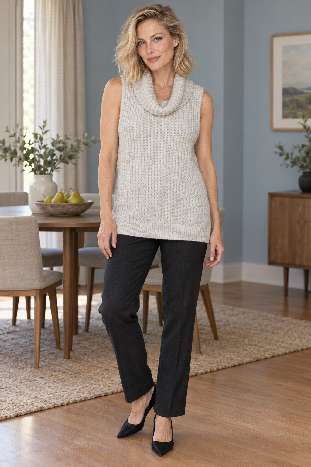 AI-generated model wearing Light Grey Sleeveless Cowl-Neck Knit, front view