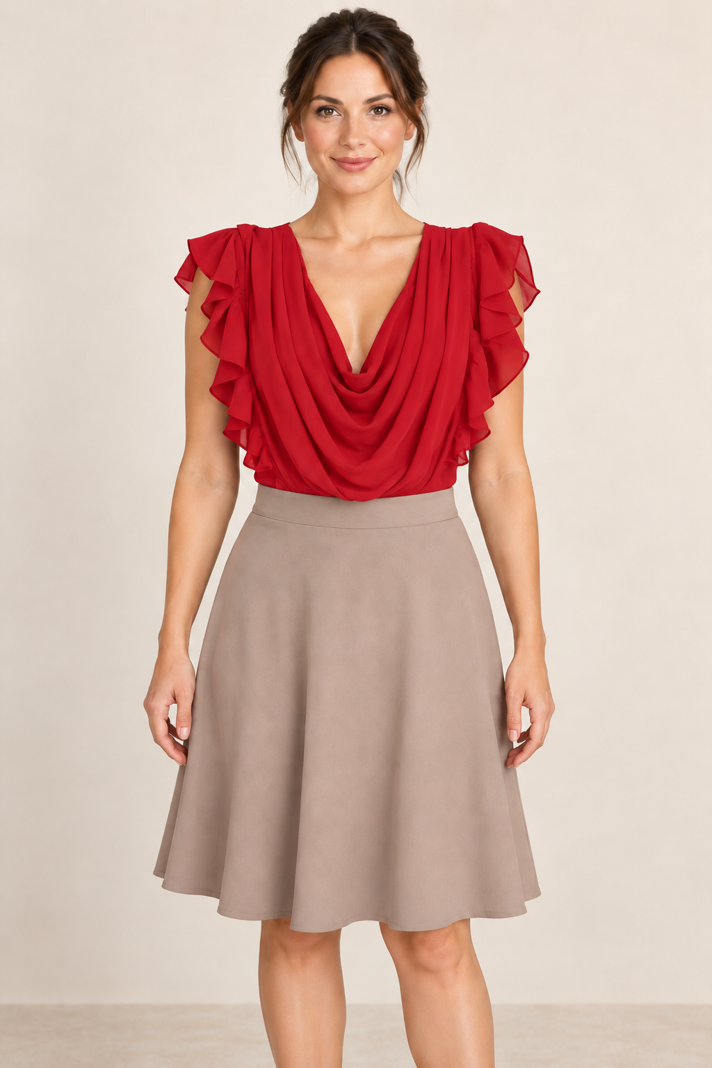Red Ruffle Cowl-Neck Bodysuit: AI-modelled styling illustration; fit and details are approximate