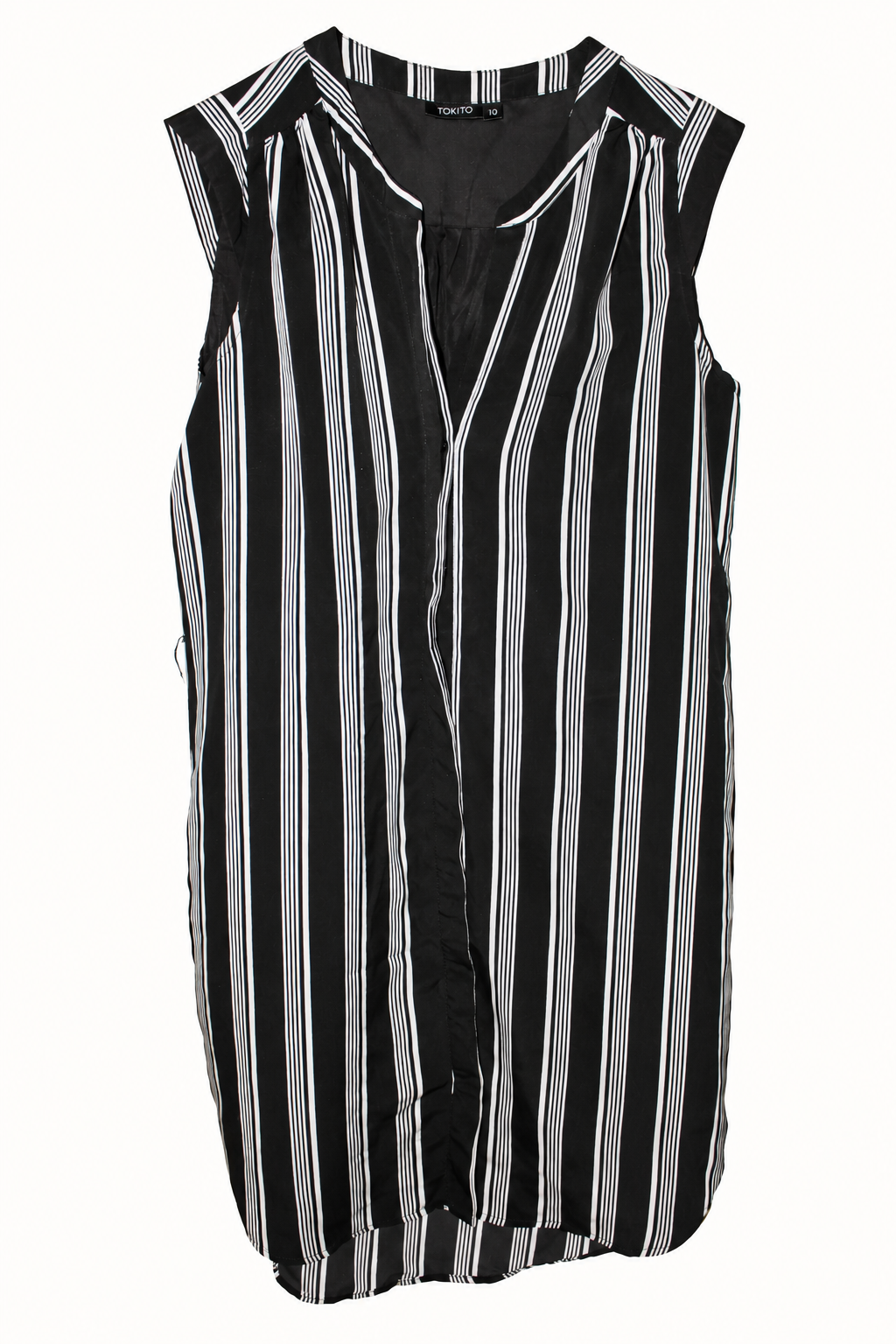 CR-0006, Tokito Black & White Striped Sleeveless Blouse, garment-only front view. AI-edited from the actual garment photograph; hanger and background removed.