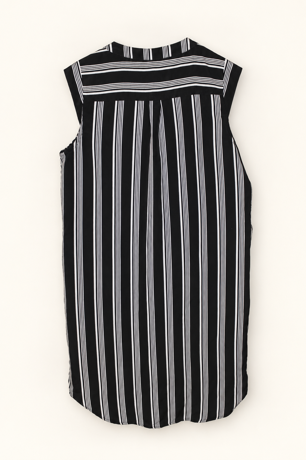 CR-0006, Tokito Black & White Striped Sleeveless Blouse, garment-only rear view. AI-edited from the actual garment photo; hanger and background removed.