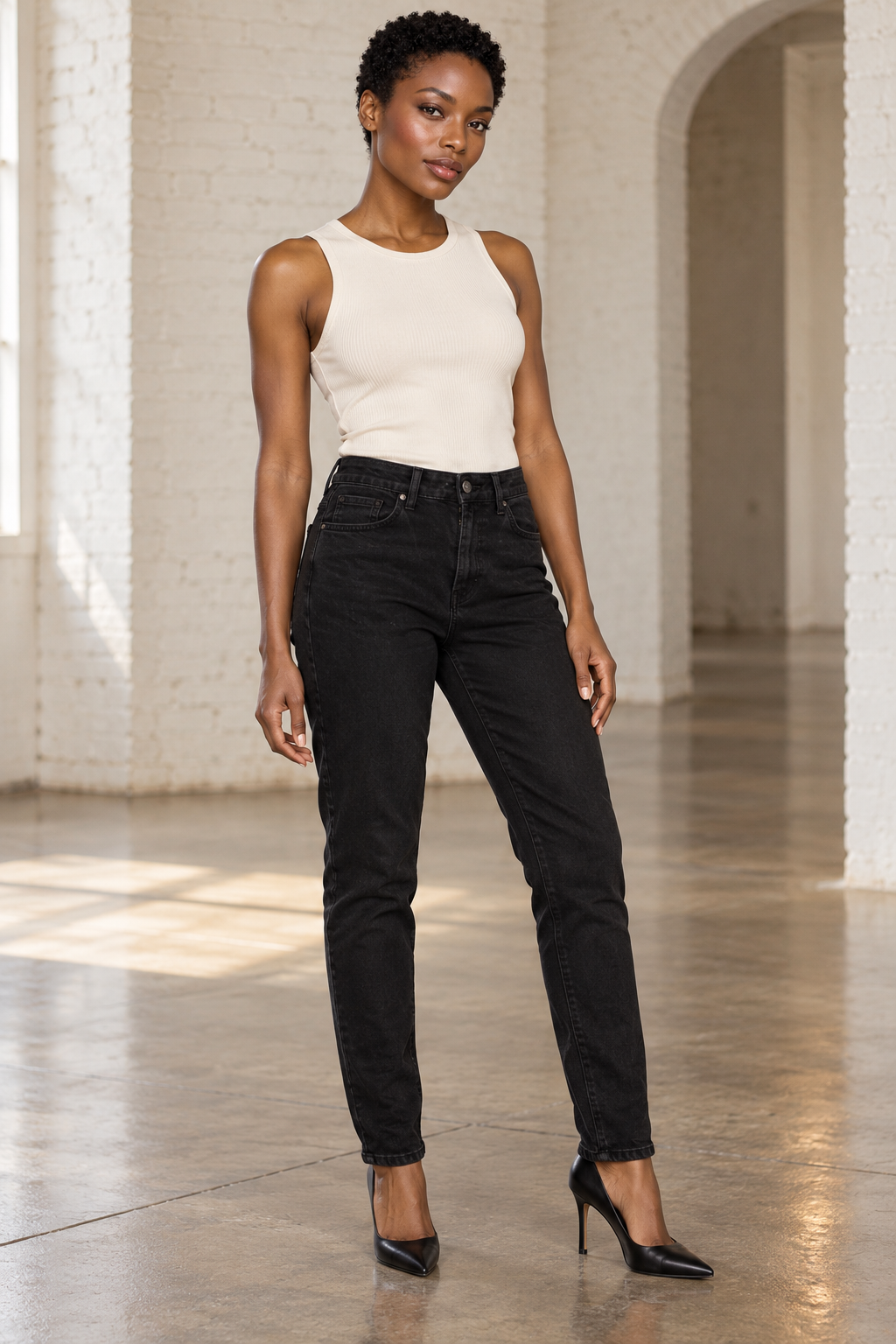 AI-generated model wearing The 1964 Denim Company Sienna Black Jeans, front view