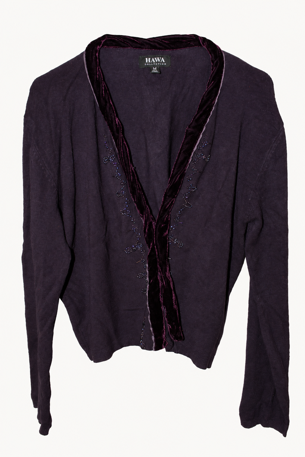 CR-0008, Hawa Collection Plum Velvet-Look Trim Cardigan, garment-only front view. AI-edited from the actual garment photograph; hanger and background removed.