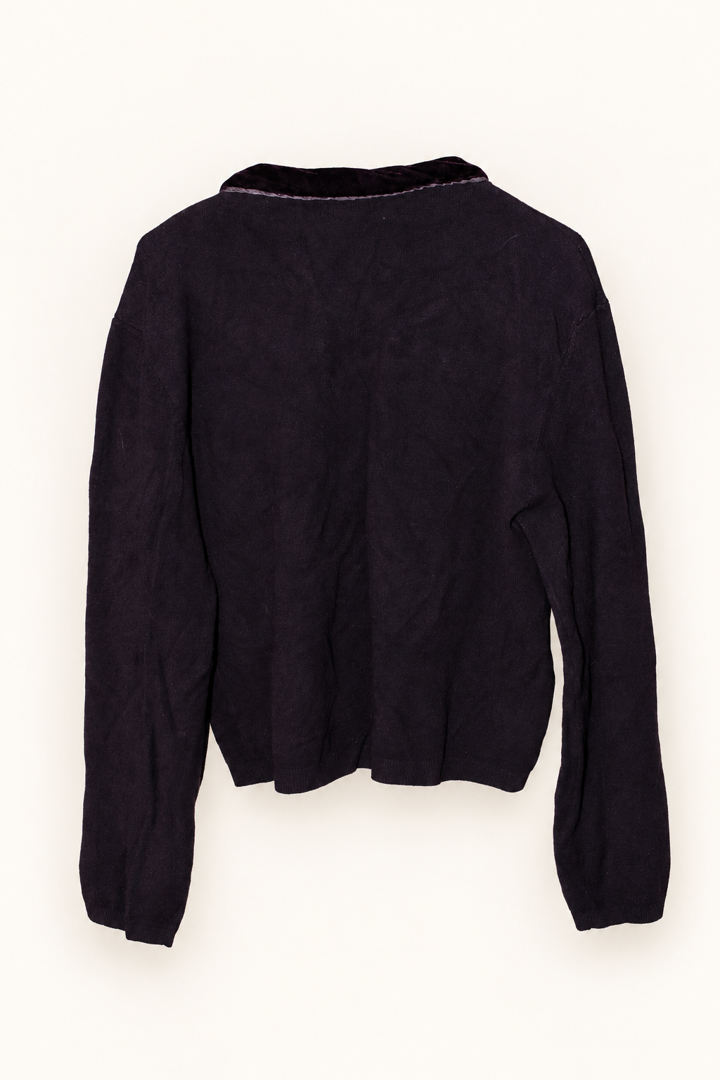 CR-0008, Hawa Collection Plum Velvet-Look Trim Cardigan, garment-only rear view. AI-edited from the actual garment photo; hanger and background removed.