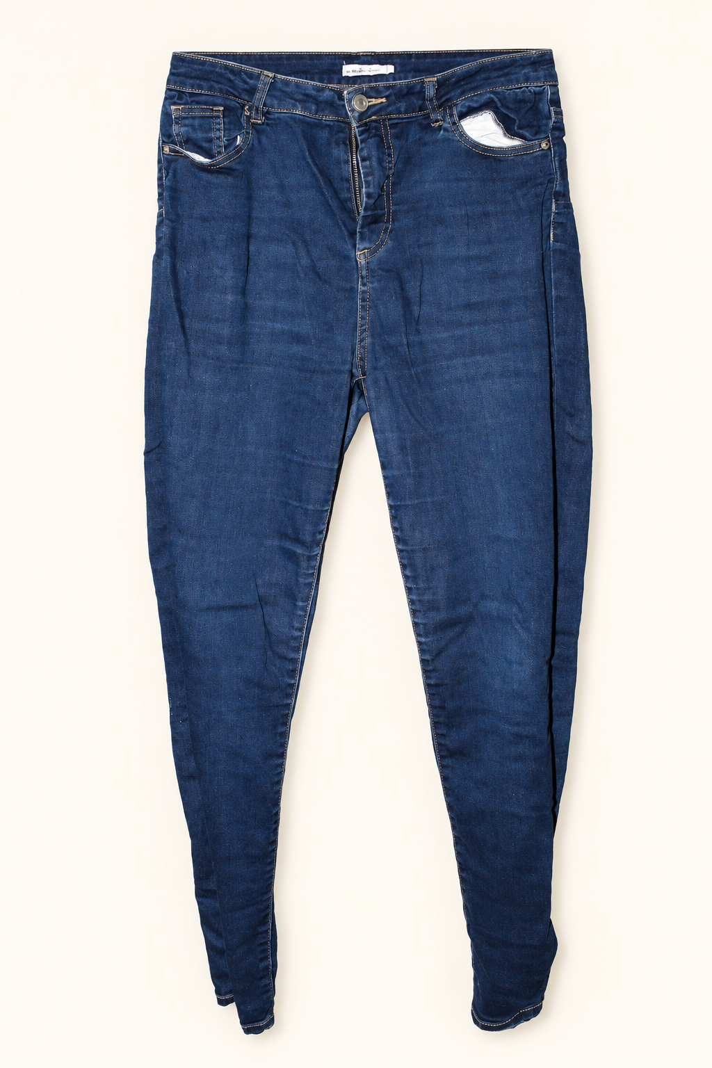 CR-0009, The 1964 Denim Company Shaping Blue Jeans, garment-only front view. AI-edited from the actual garment photo.