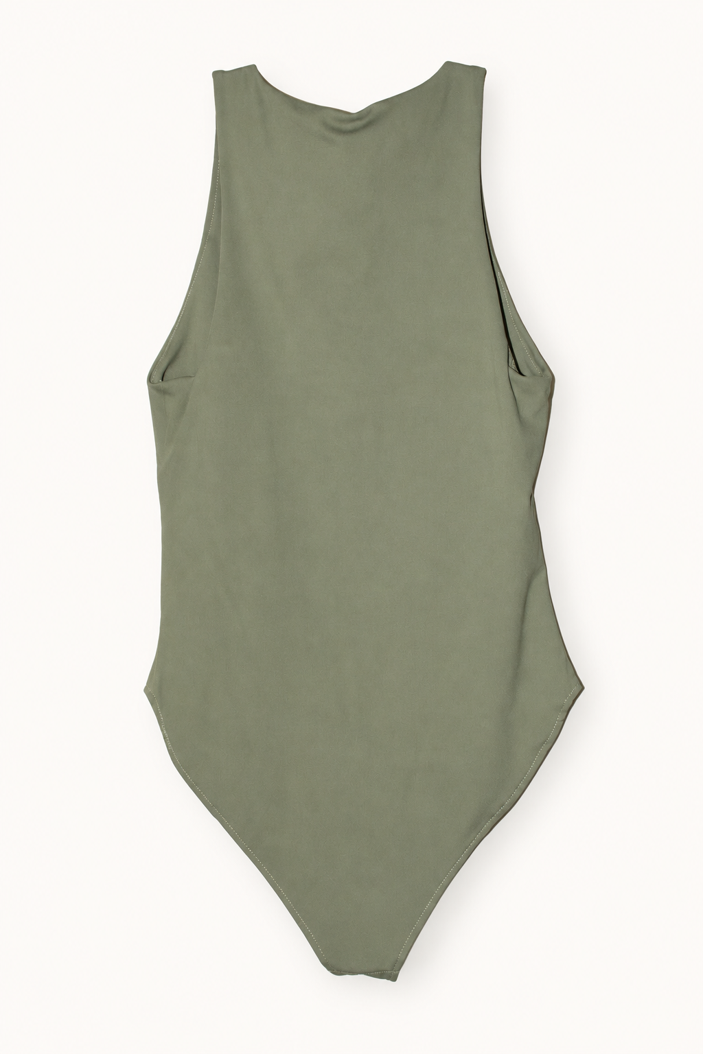 CR-0011, Anko Olive Sleeveless Bodysuit, garment-only rear view. AI-edited from the actual garment photo; hanger and background removed.