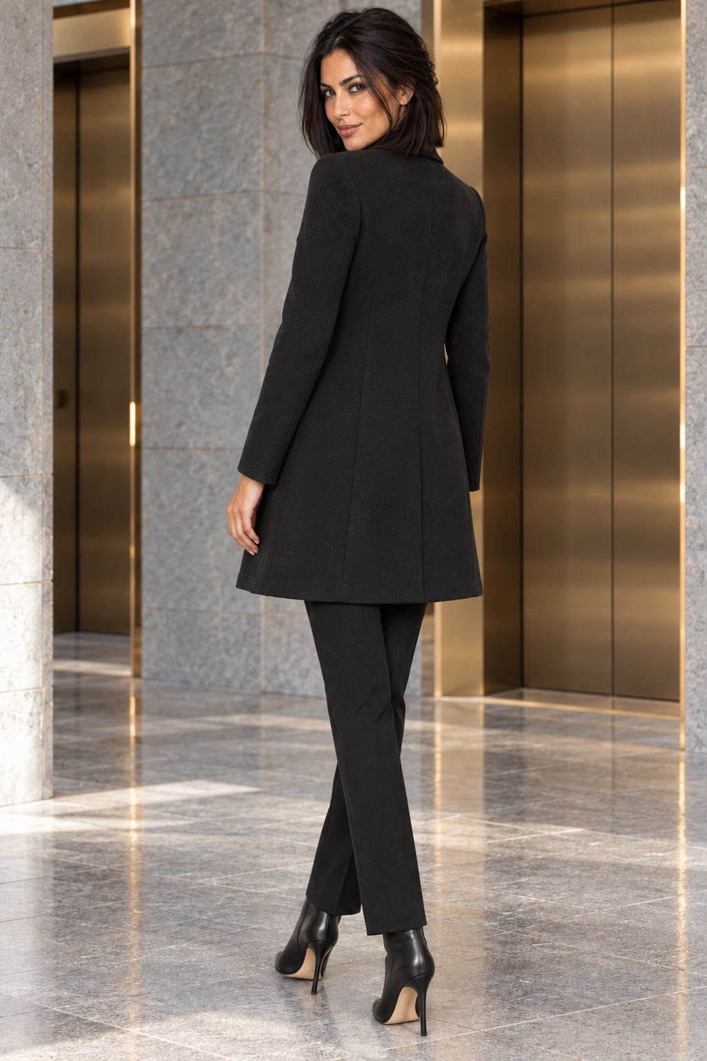 AI-generated model wearing SHEIN Black Asymmetric Zip Coat, rear three-quarter view