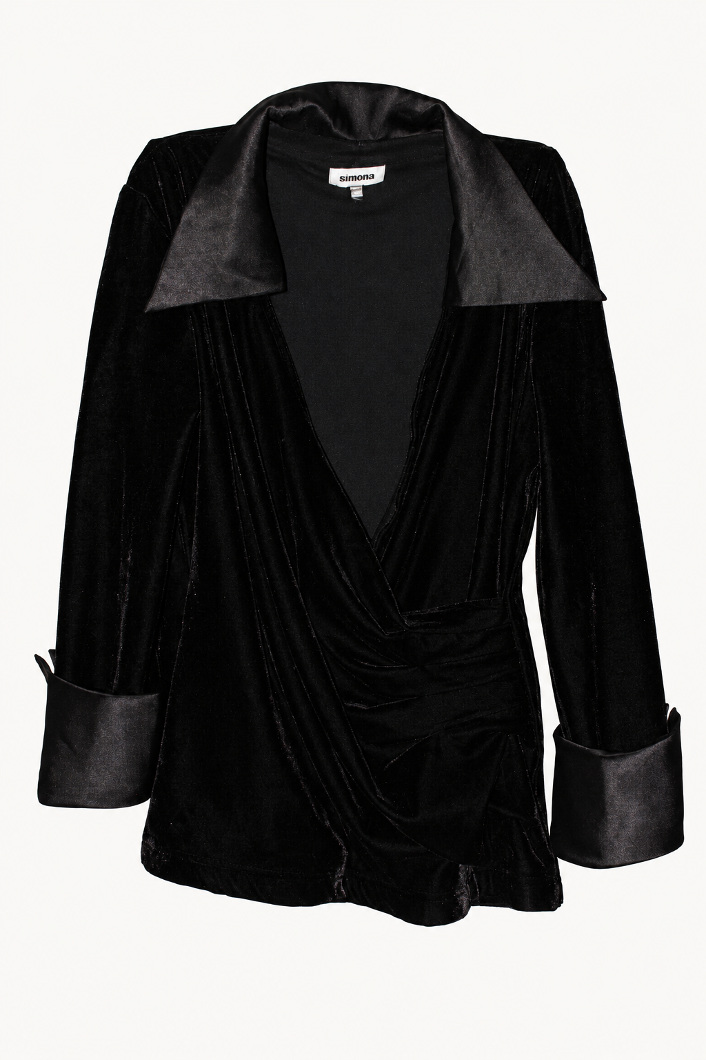 CR-0013, Simona Black Velvet-Look Wrap Jacket, garment-only front view. AI-edited from the actual garment photograph; hanger and background removed.