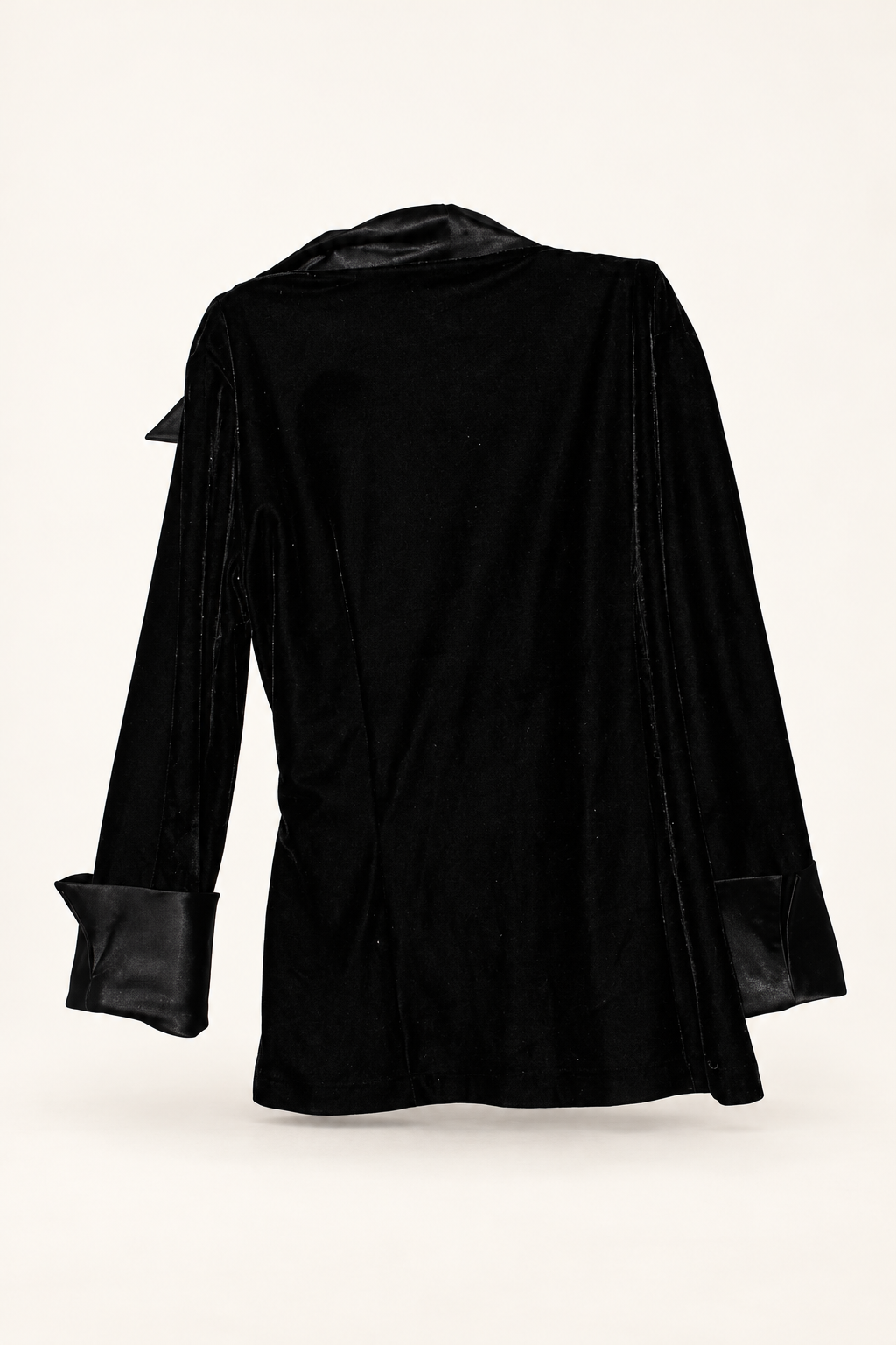 CR-0013, Simona Black Velvet-Look Wrap Jacket, garment-only rear view. AI-edited from the actual garment photo; hanger and background removed.