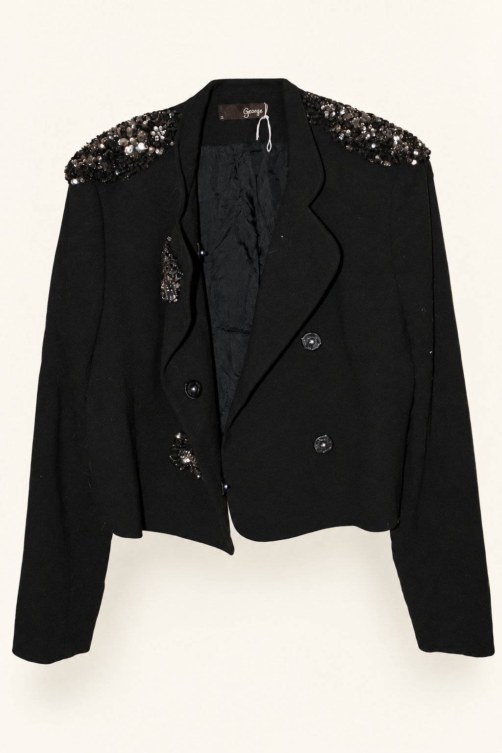 CR-0014, George Black Embellished-Shoulder Blazer, garment-only front view. AI-edited from the actual garment photo; hanger and background removed.