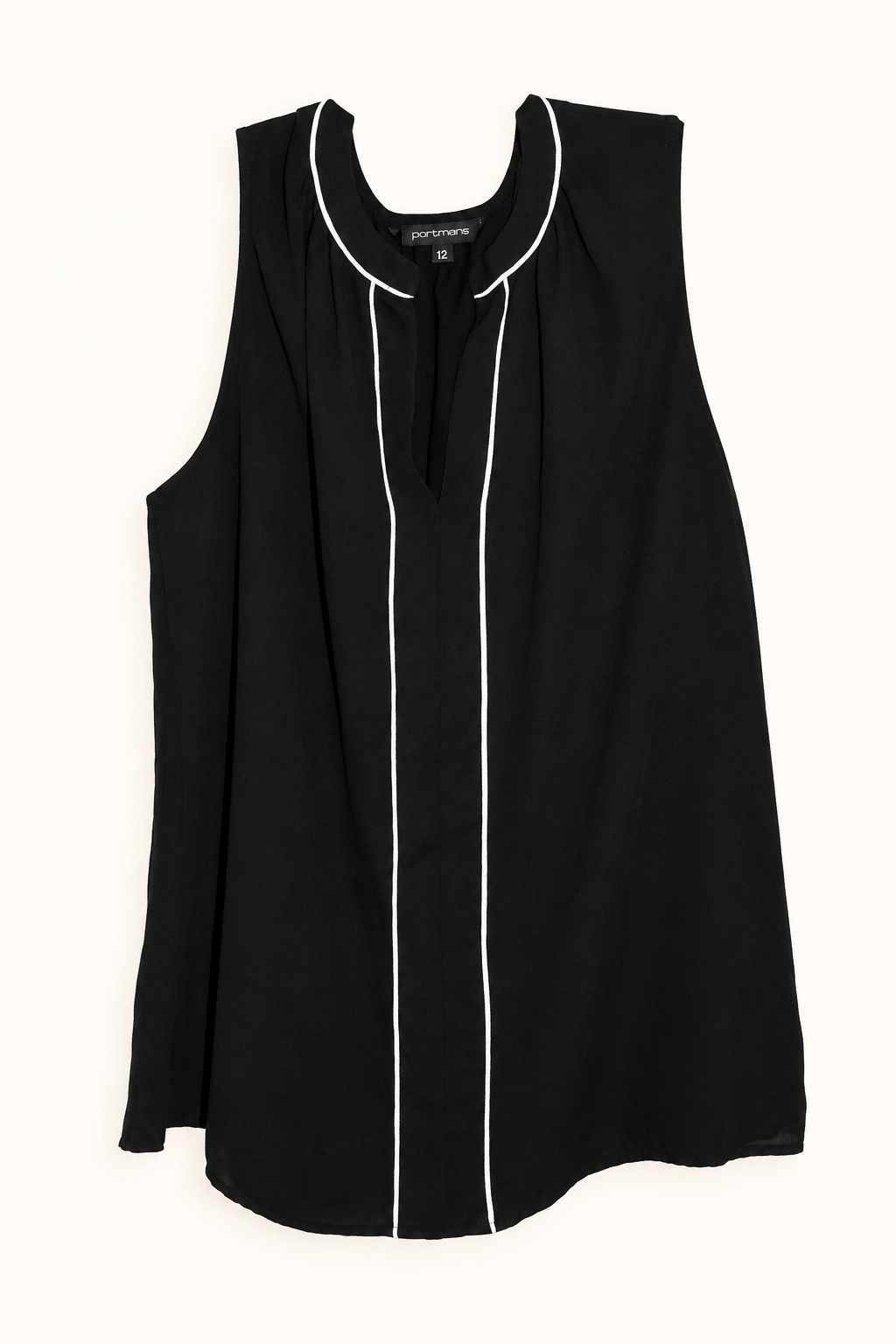 CR-0015, Portmans Black White-Piped Sleeveless Blouse, garment-only front view. AI-edited from the actual garment photo.