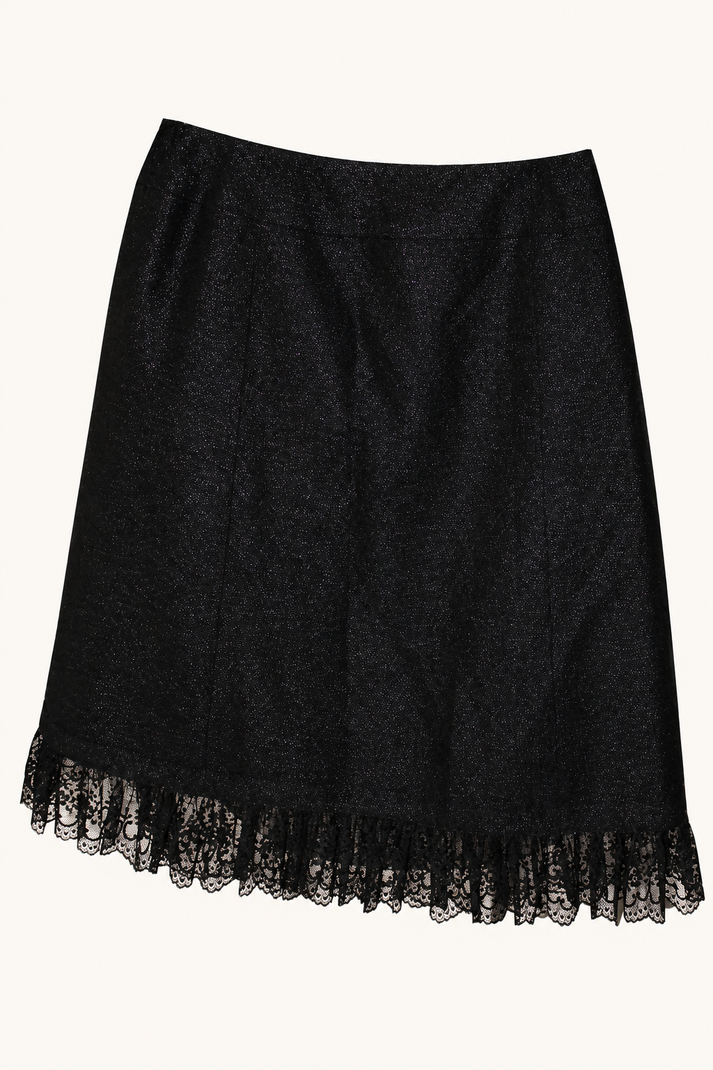CR-0017, Black Shimmer Lace-Hem Skirt, garment-only supplied view 1 (front/rear unverified). AI-edited from the actual garment photo.
