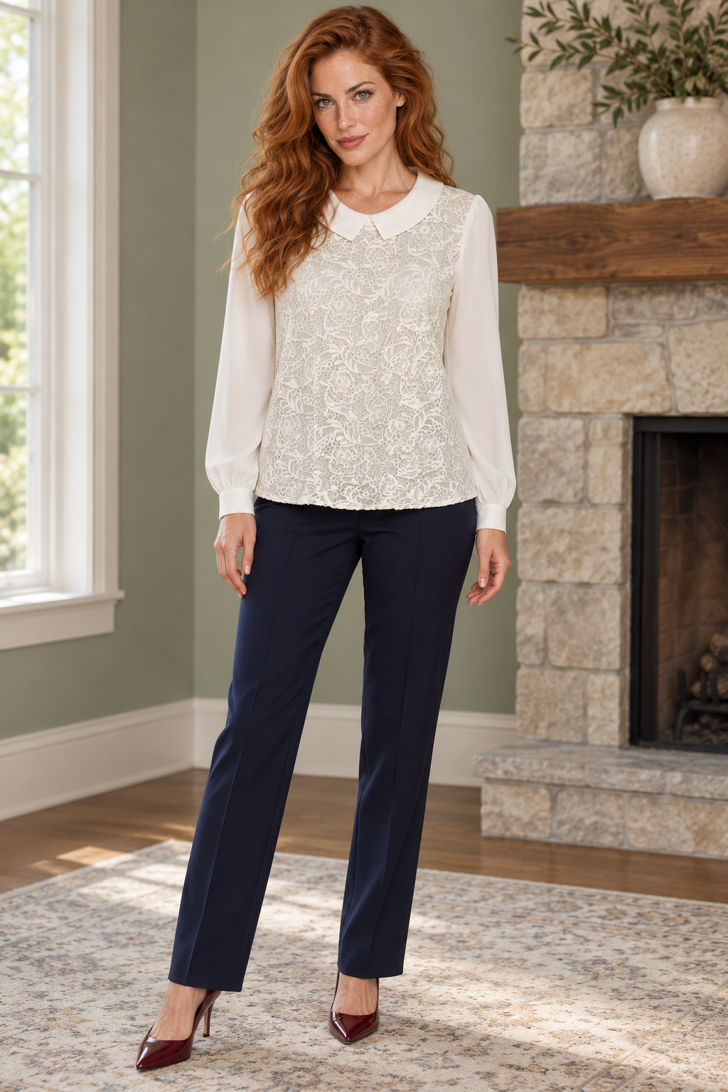 AI-generated model wearing Review Ivory Lace-Front Collared Blouse, front view