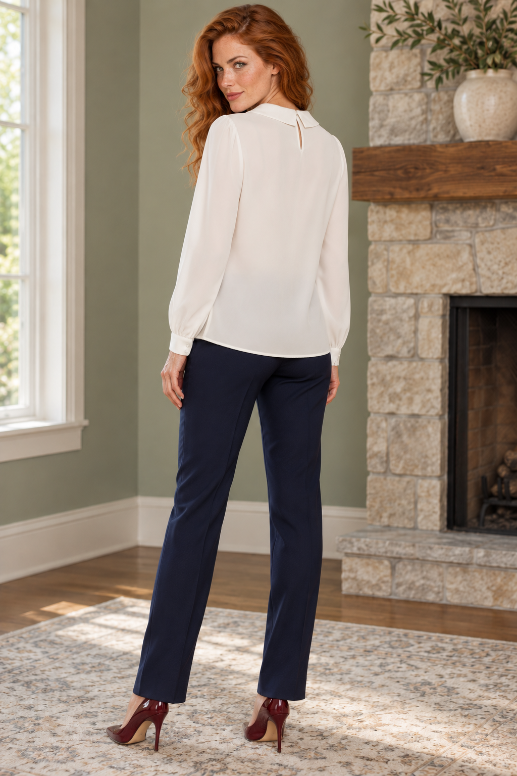 AI-generated model wearing Review Ivory Lace-Front Collared Blouse, rear three-quarter view