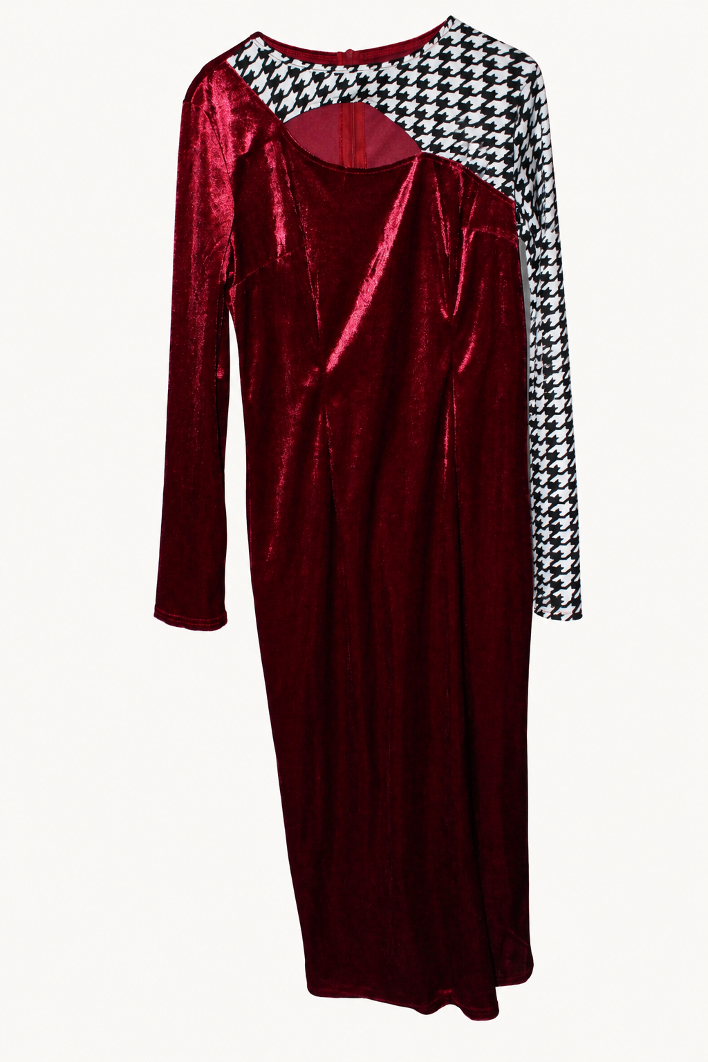 CR-0019, Burgundy Houndstooth Keyhole Dress, garment-only front view. AI-edited from the actual garment photograph; hanger and background removed.