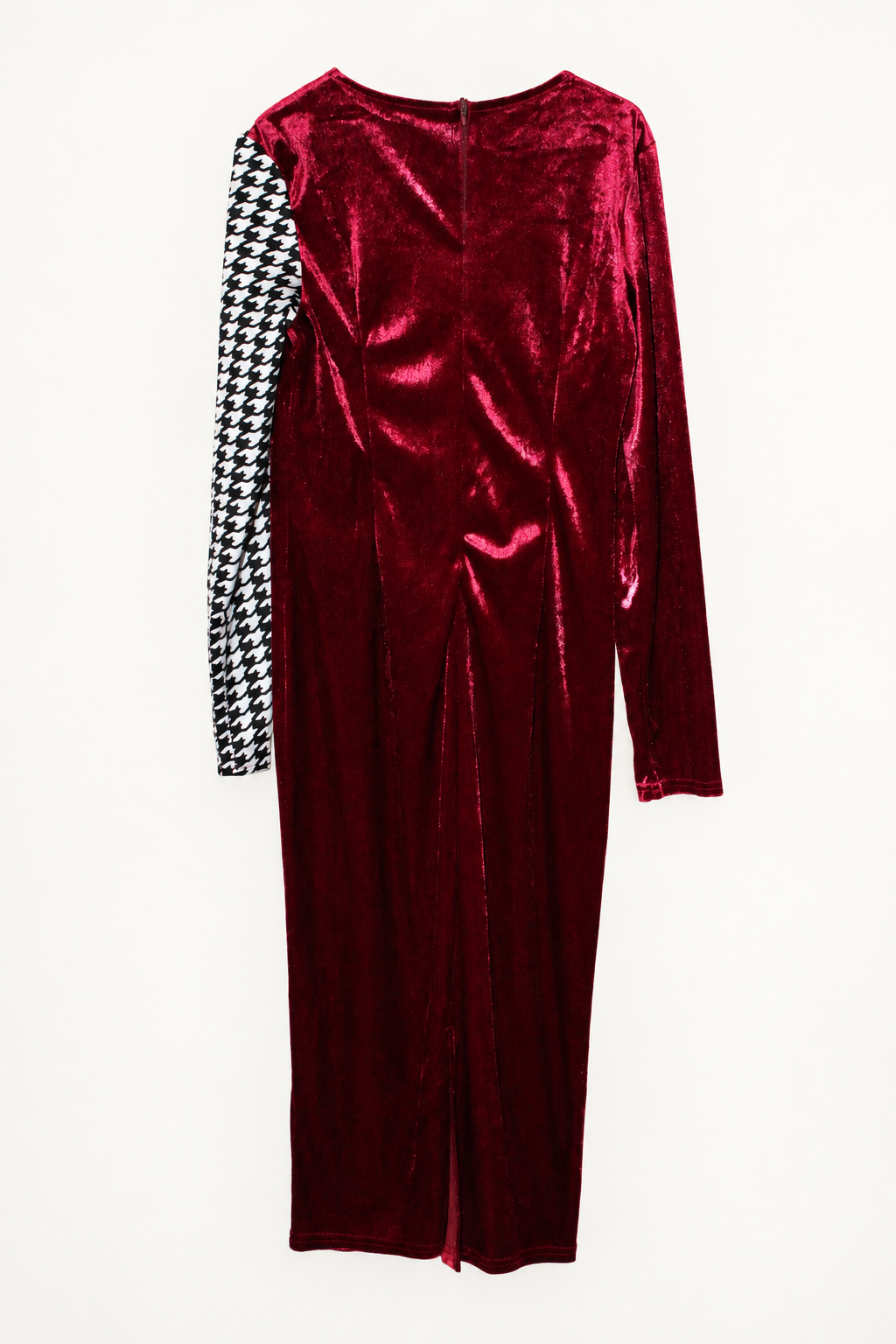 CR-0019, Burgundy Houndstooth Keyhole Dress, garment-only rear view. AI-edited from the actual garment photograph; hanger and background removed.