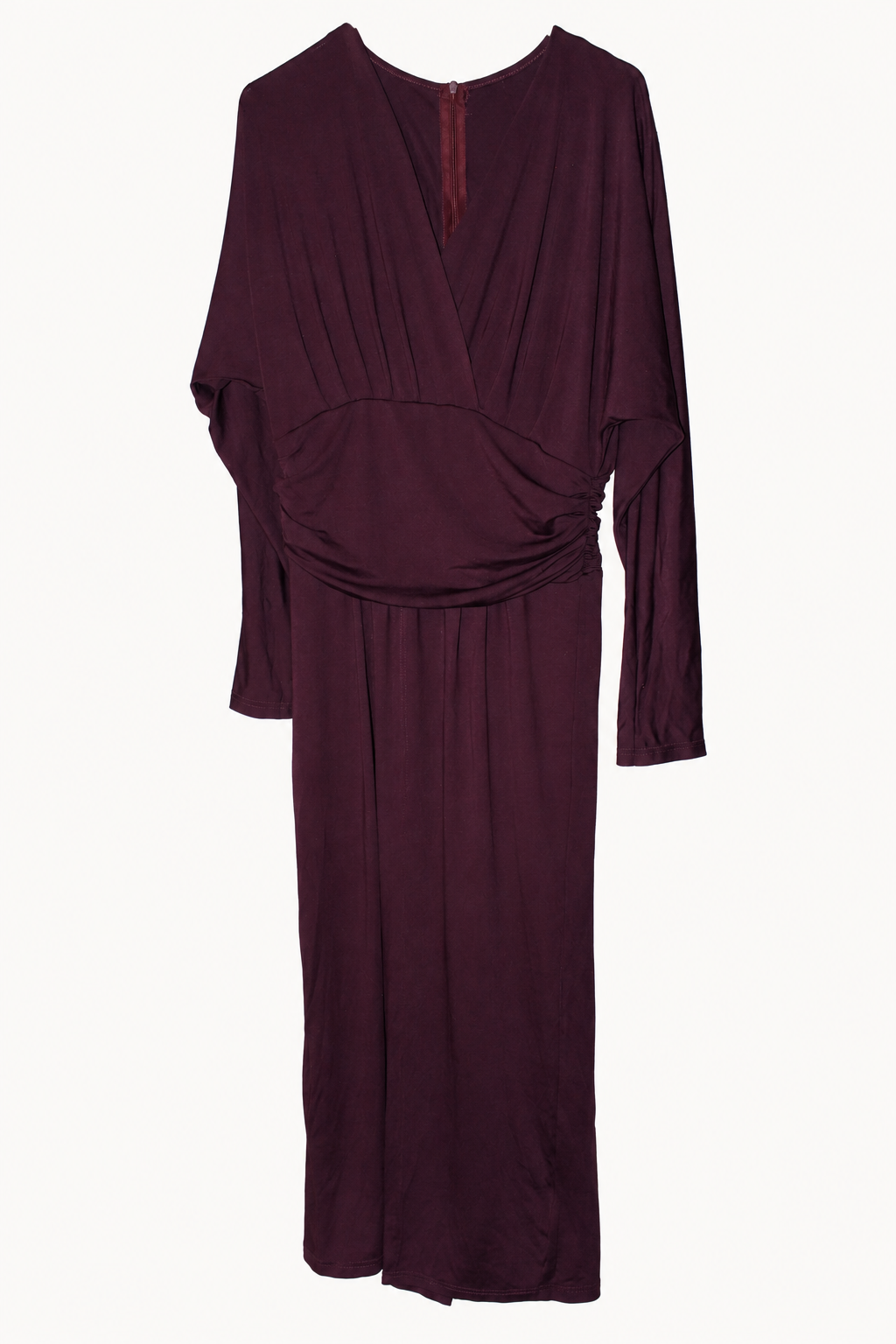 CR-0020, Burgundy Draped-Waist Long-Sleeve Dress, garment-only front view. AI-edited from the actual garment photograph; hanger and background removed.