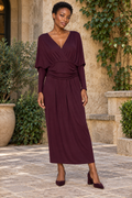 AI-generated model wearing Burgundy Draped-Waist Long-Sleeve Dress, front view
