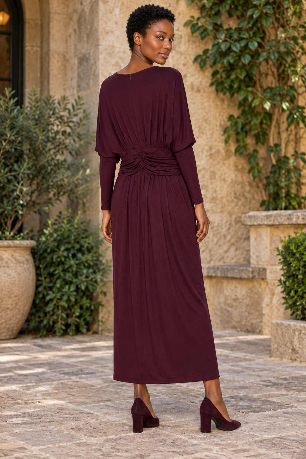 AI-generated model wearing Burgundy Draped-Waist Long-Sleeve Dress, rear three-quarter view