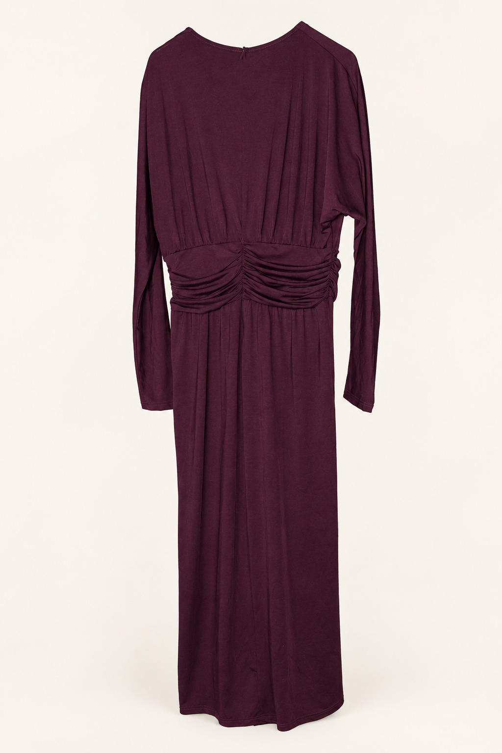 CR-0020, Burgundy Draped-Waist Long-Sleeve Dress, garment-only rear view. AI-edited from the actual garment photo; hanger and background removed.