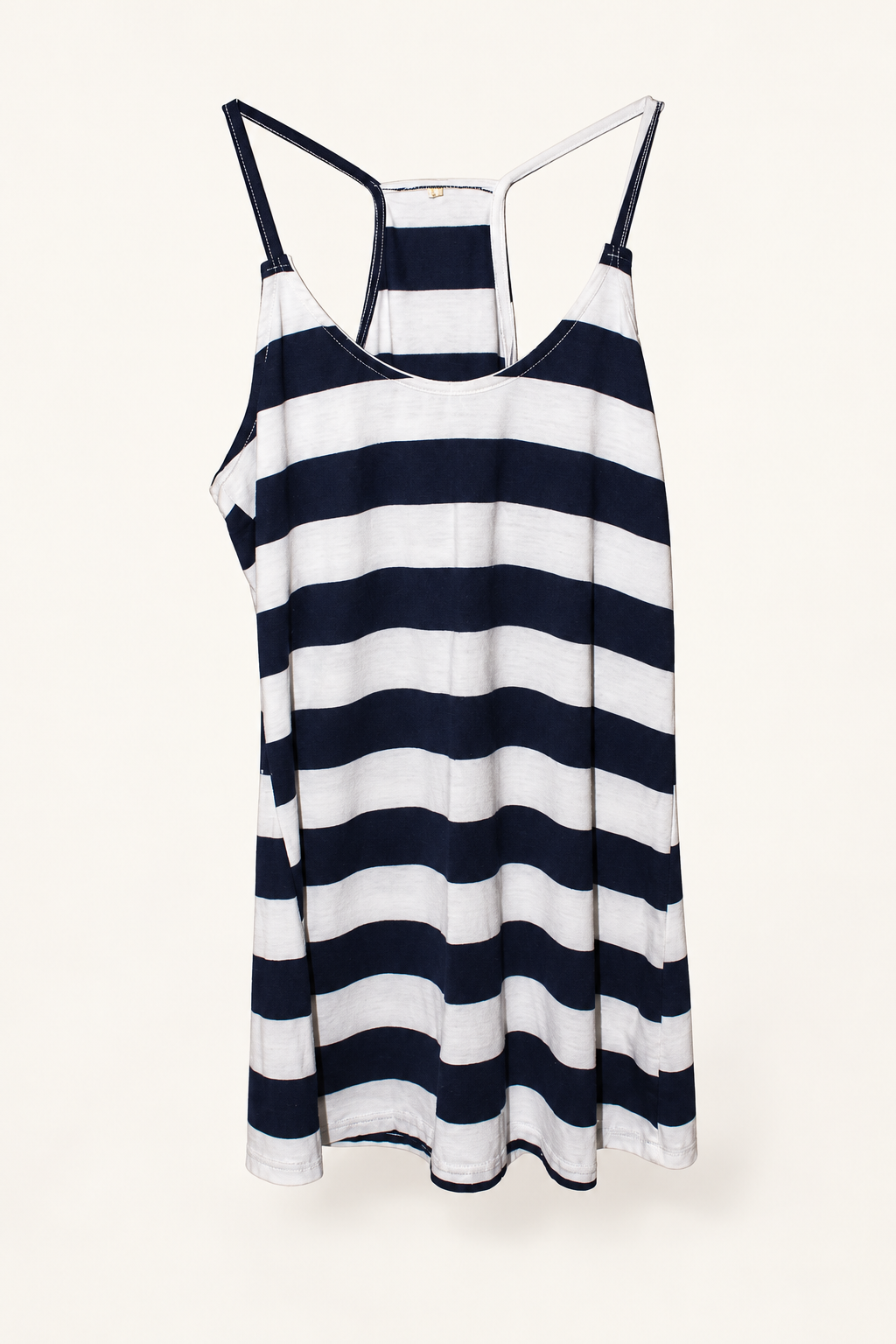 CR-0021, Navy & White Striped Racerback Camisole, garment-only front view. AI-edited from the actual garment photo; hanger and background removed.