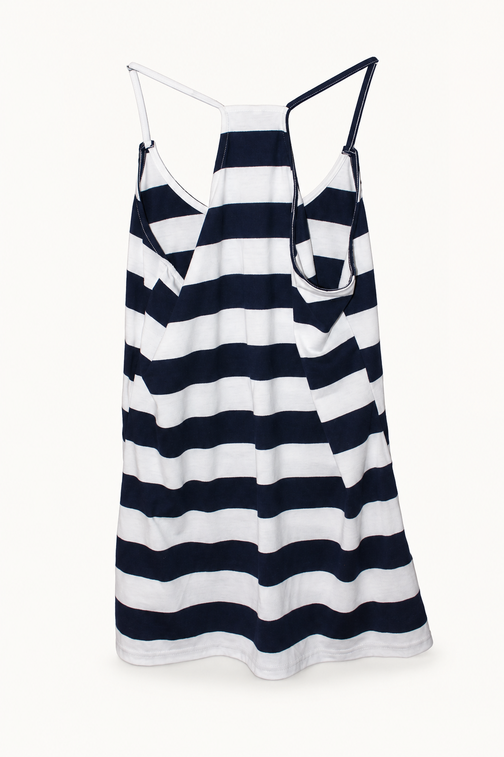 CR-0021, Navy & White Striped Racerback Camisole, garment-only rear view. AI-edited from the actual garment photograph; hanger and background removed.