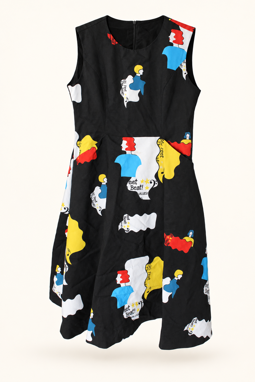 CR-0023, Black Pop-Art Sleeveless Dress, garment-only front view. AI-edited from the actual garment photo; hanger, support and background removed.