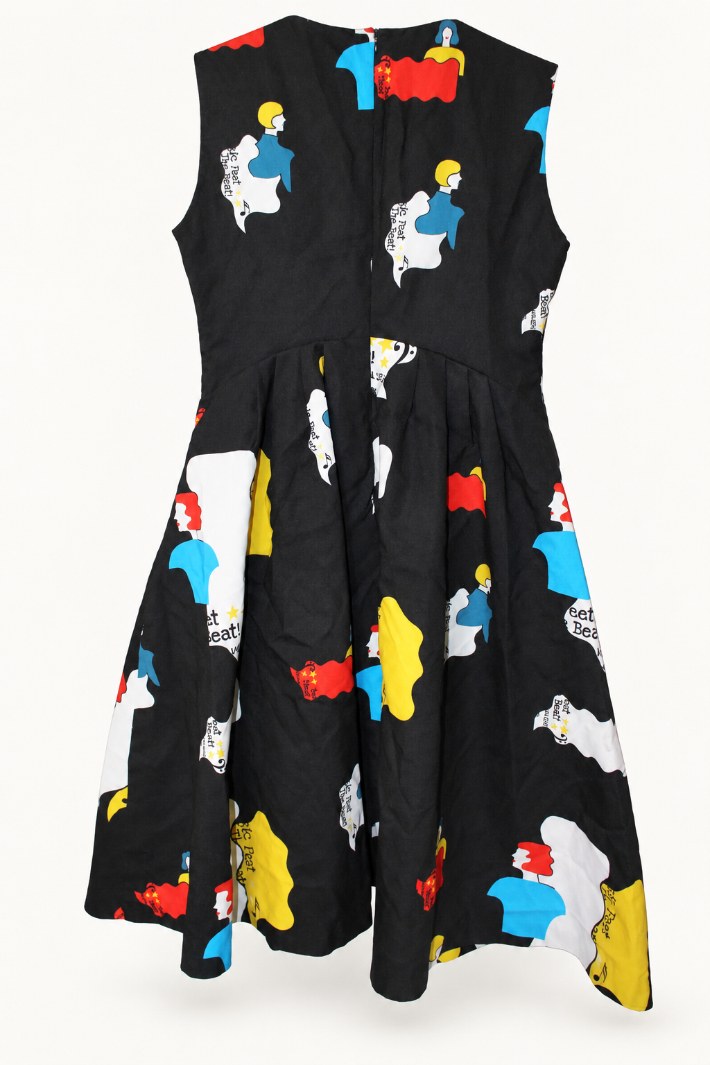 CR-0023, Black Pop-Art Sleeveless Dress, garment-only rear view. AI-edited from the actual garment photograph; hanger and background removed.