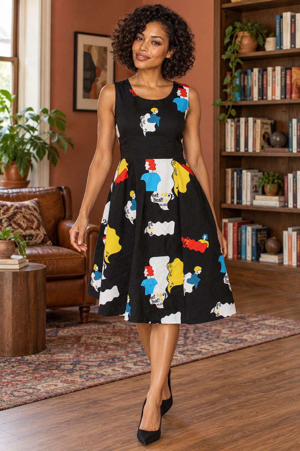 AI-generated model wearing Black Pop-Art Sleeveless Dress, front view