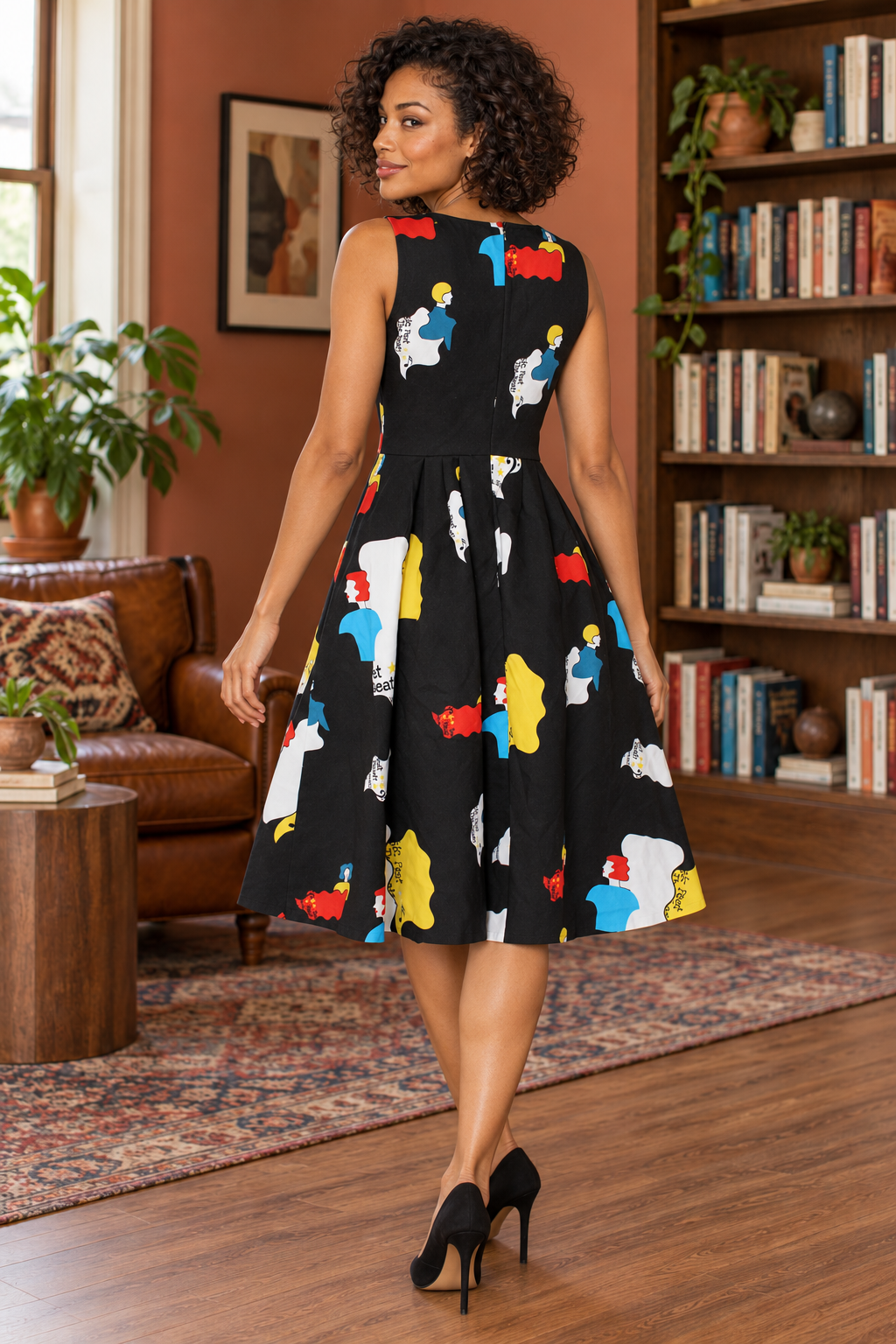 AI-generated model wearing Black Pop-Art Sleeveless Dress, rear three-quarter view