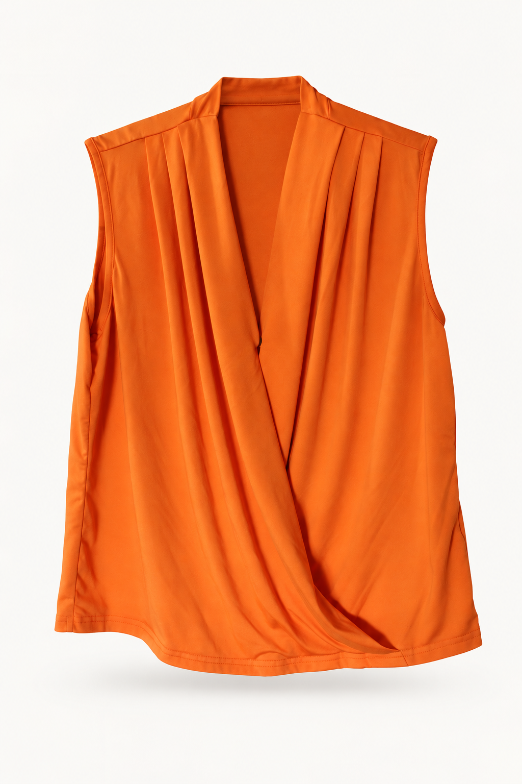 CR-0024, Orange Draped Sleeveless Top, garment-only front view. AI-edited from the actual garment photograph; hanger and background removed.