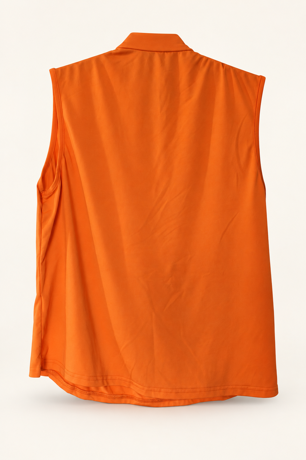 CR-0024, Orange Draped Sleeveless Top, garment-only rear view. AI-edited from the actual garment photo; hanger, support and background removed.