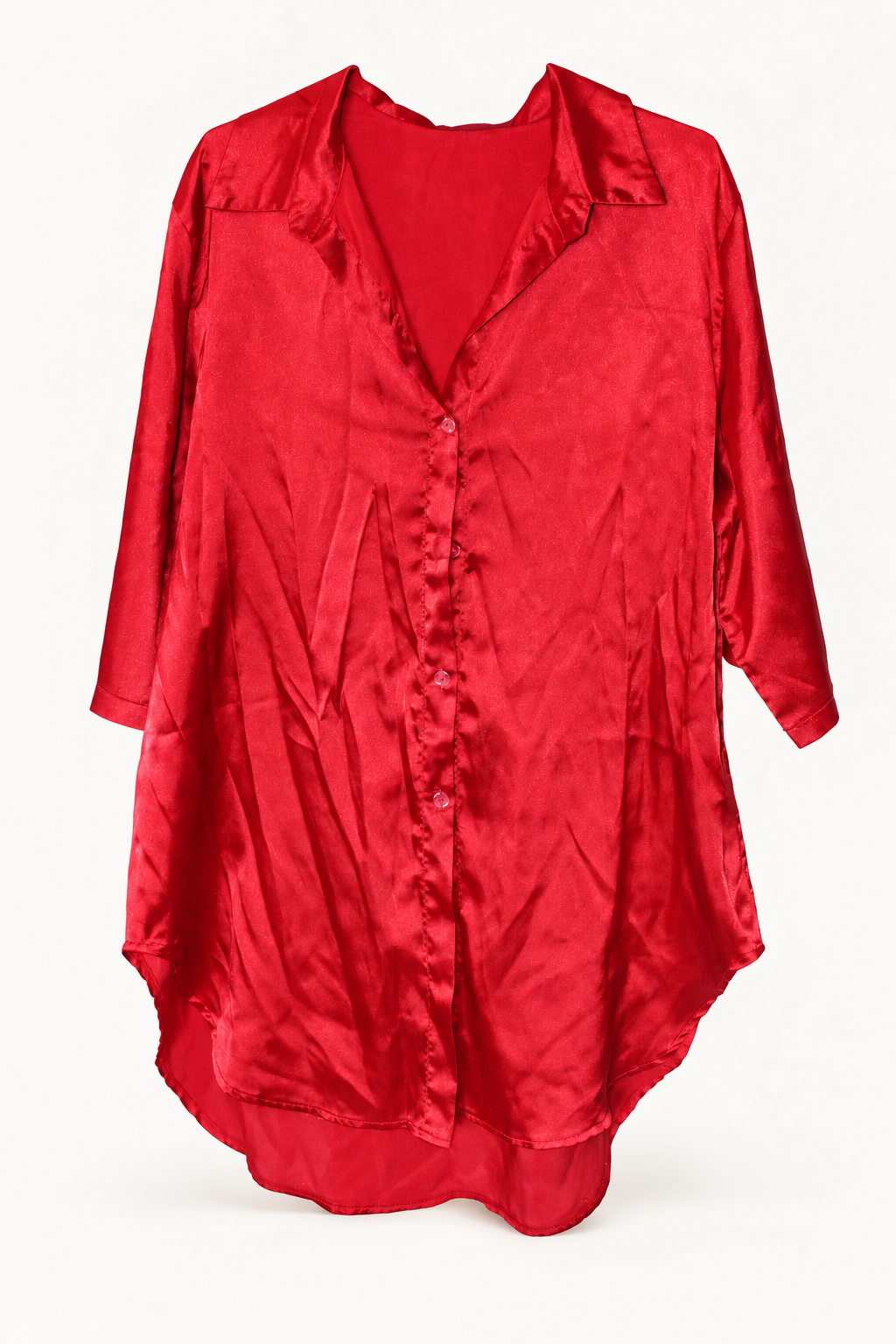 CR-0026, Red Oversized Silk Blouse, garment-only front view. AI-edited from the actual garment photograph; hanger and background removed.
