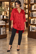 AI-generated model wearing Red Oversized Silk Blouse, front view