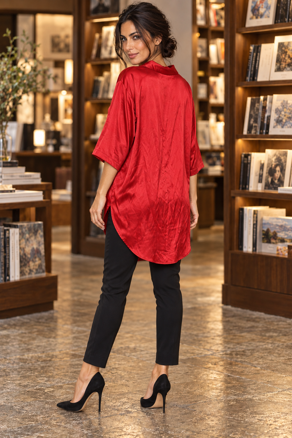AI-generated model wearing Red Oversized Silk Blouse, rear three-quarter view