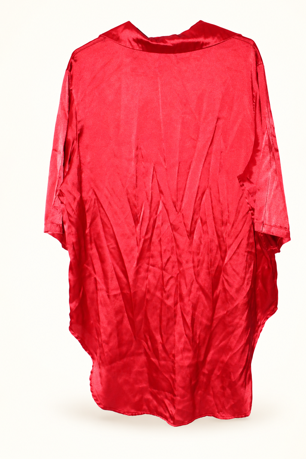 CR-0026, Red Oversized Silk Blouse, garment-only rear view. AI-edited from the actual garment photo; hanger, support and background removed.