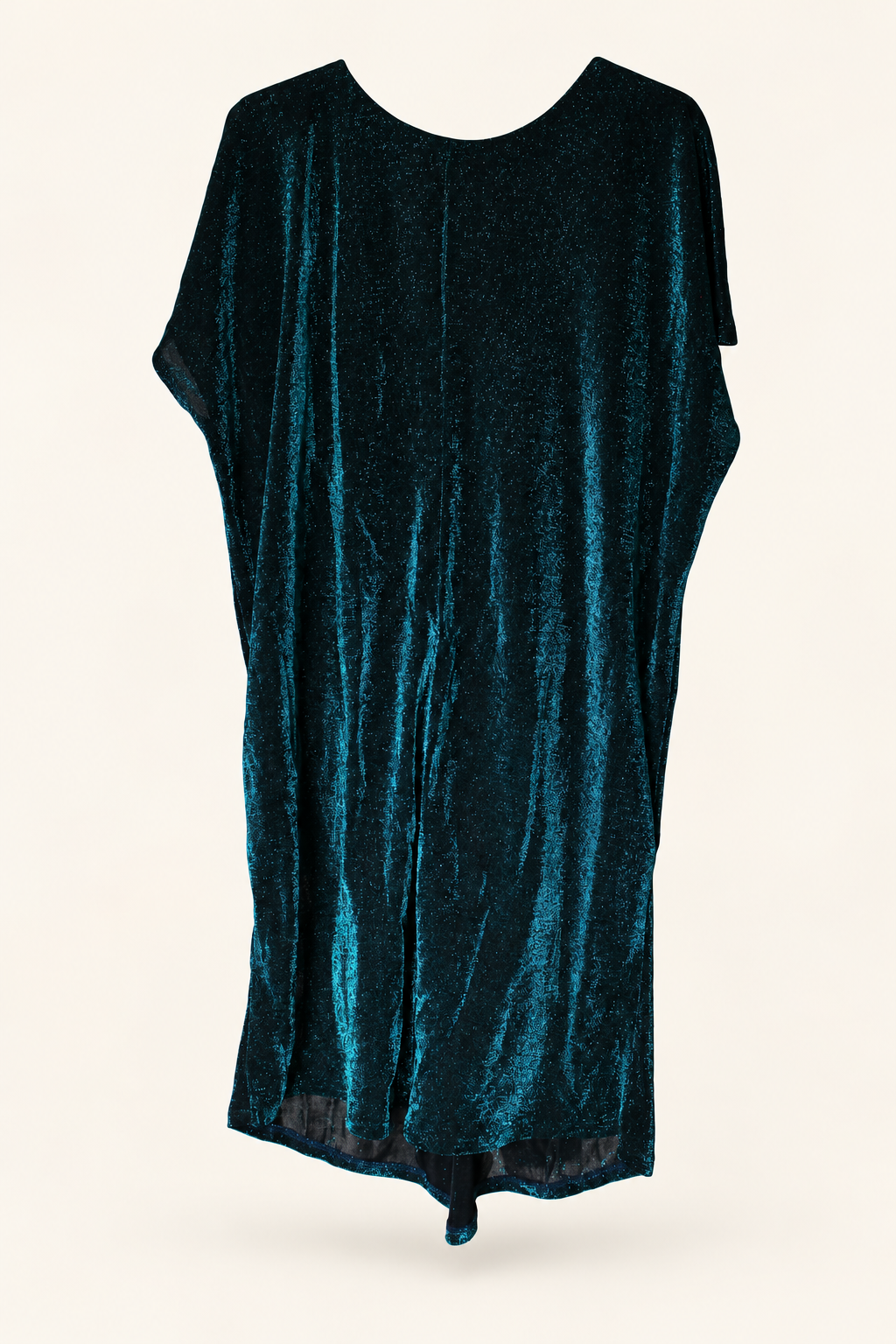 CR-0027, Teal Shimmer V-Neck Dress, garment-only rear view. AI-edited from the actual garment photo; hanger, support and background removed.
