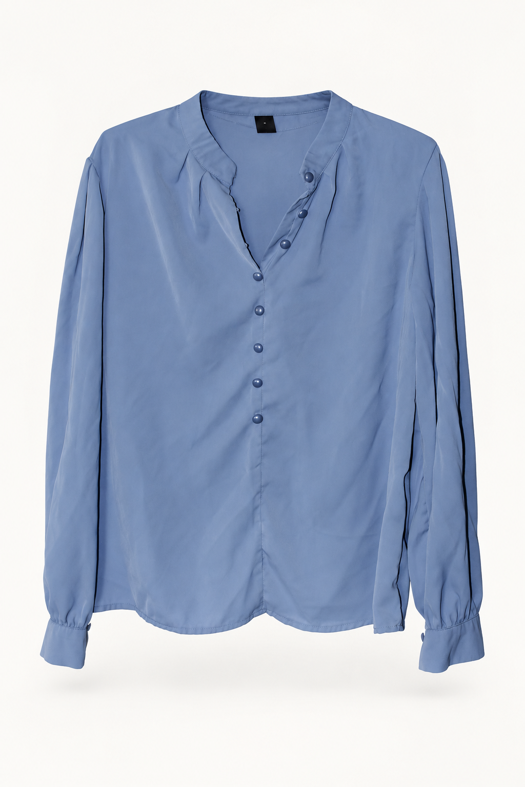 CR-0028, Slate-Blue Band-Collar Blouse, garment-only front view. AI-edited from the actual garment photograph; hanger and background removed.