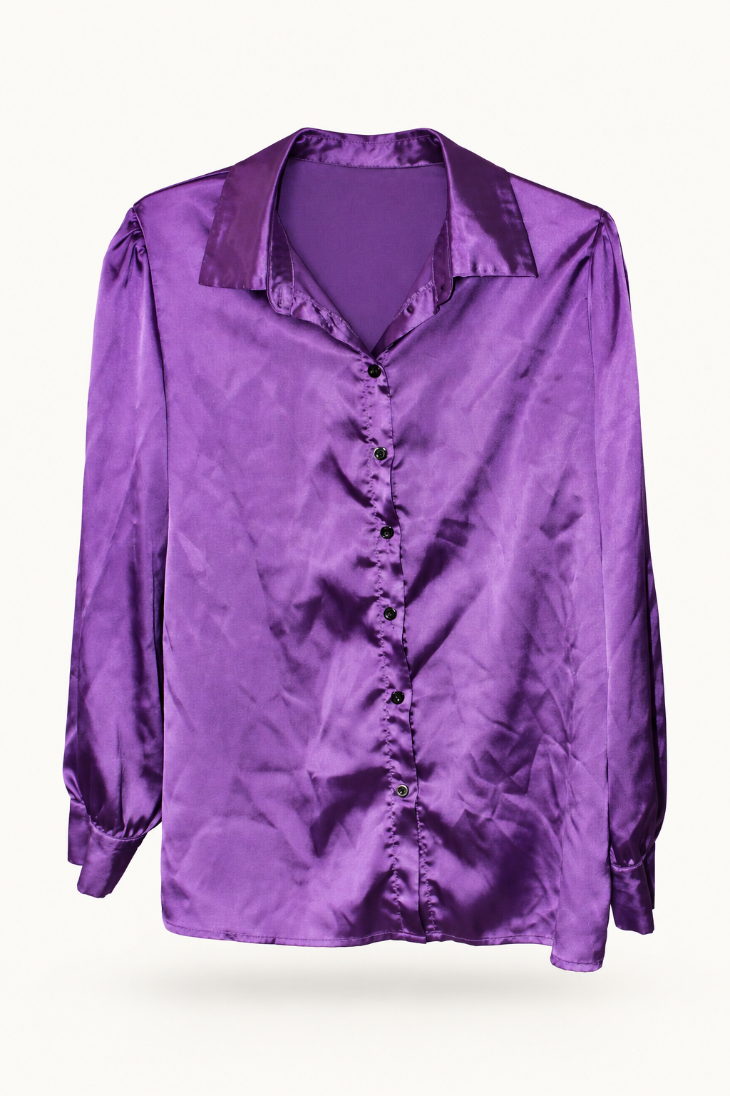 CR-0029, Purple Satin-Look Collared Blouse, garment-only front view. AI-edited from the actual garment photograph; hanger and background removed.