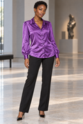 AI-generated model wearing Purple Satin-Look Collared Blouse, front view
