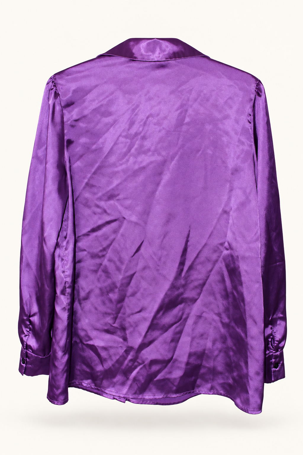 CR-0029, Purple Satin-Look Collared Blouse, garment-only rear view. AI-edited from the actual garment photo; hanger, support and background removed.
