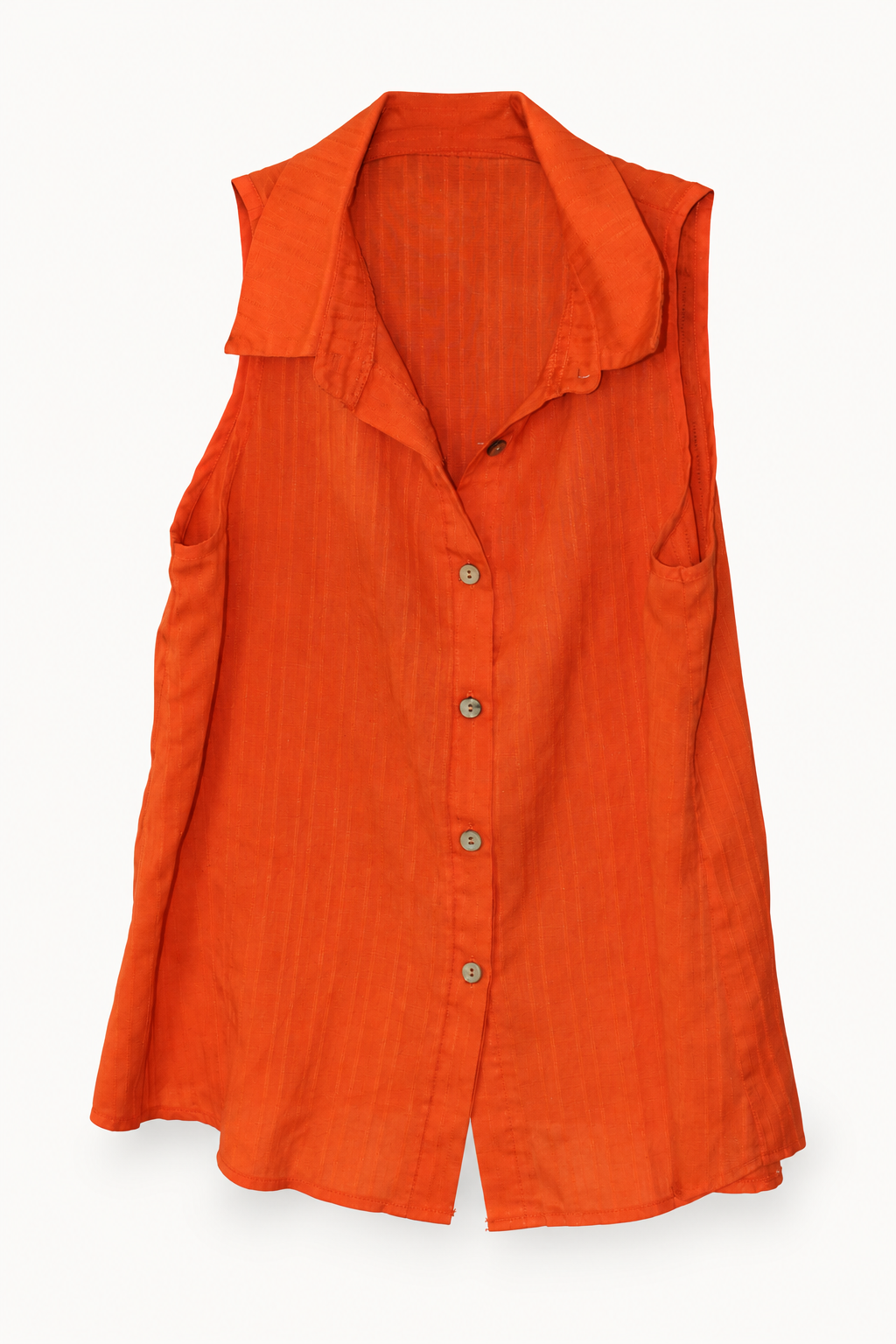 CR-0030, Orange Sleeveless Collared Blouse, garment-only front view. AI-edited from the actual garment photograph; hanger and background removed.