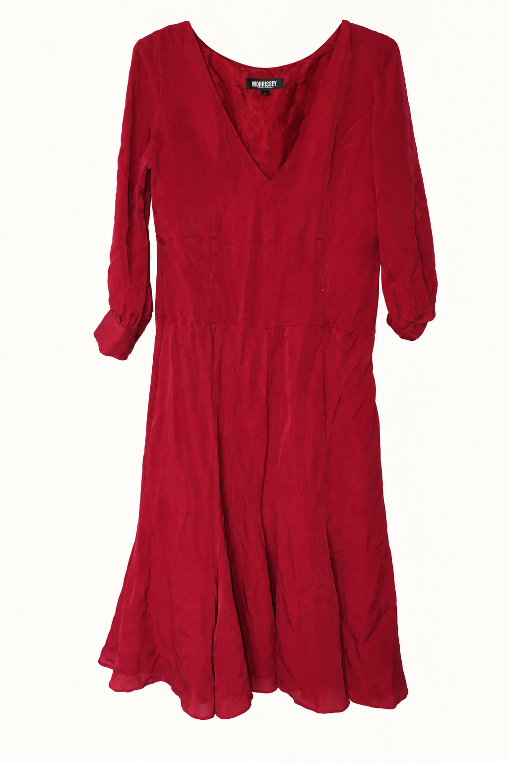 CR-0032, MORRISSEY Burgundy V-Neck Pleated Dress, garment-only front view. AI-edited from the actual garment photograph; hanger and background removed.