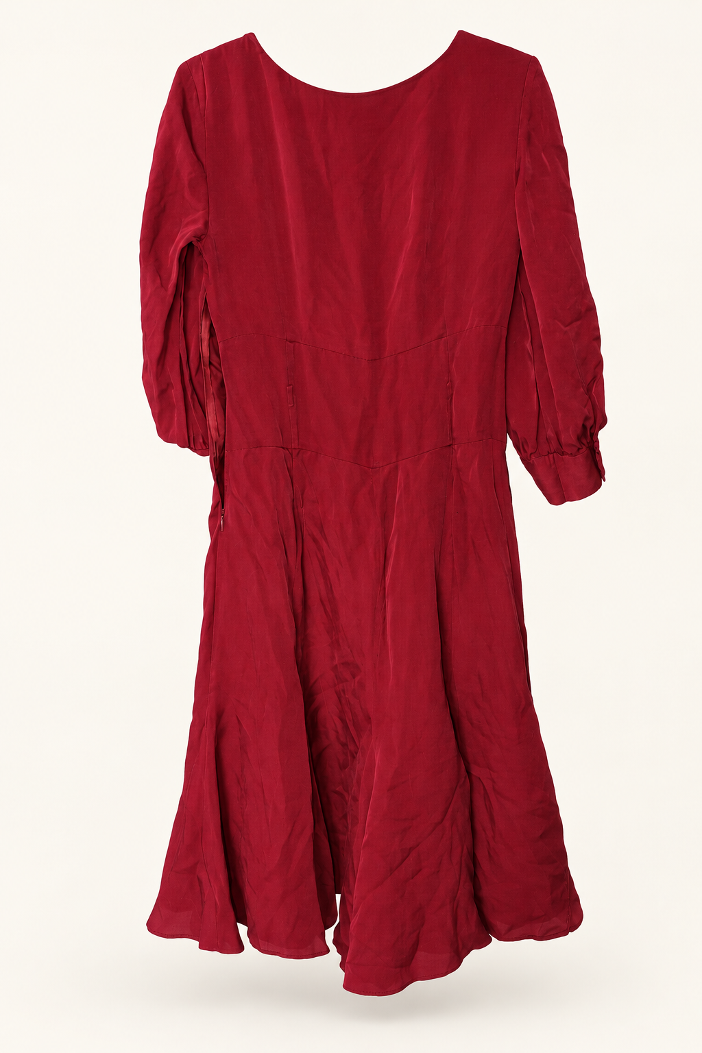 CR-0032, MORRISSEY Burgundy V-Neck Pleated Dress, garment-only rear view. AI-edited from the actual garment photo; hanger, support and background removed.