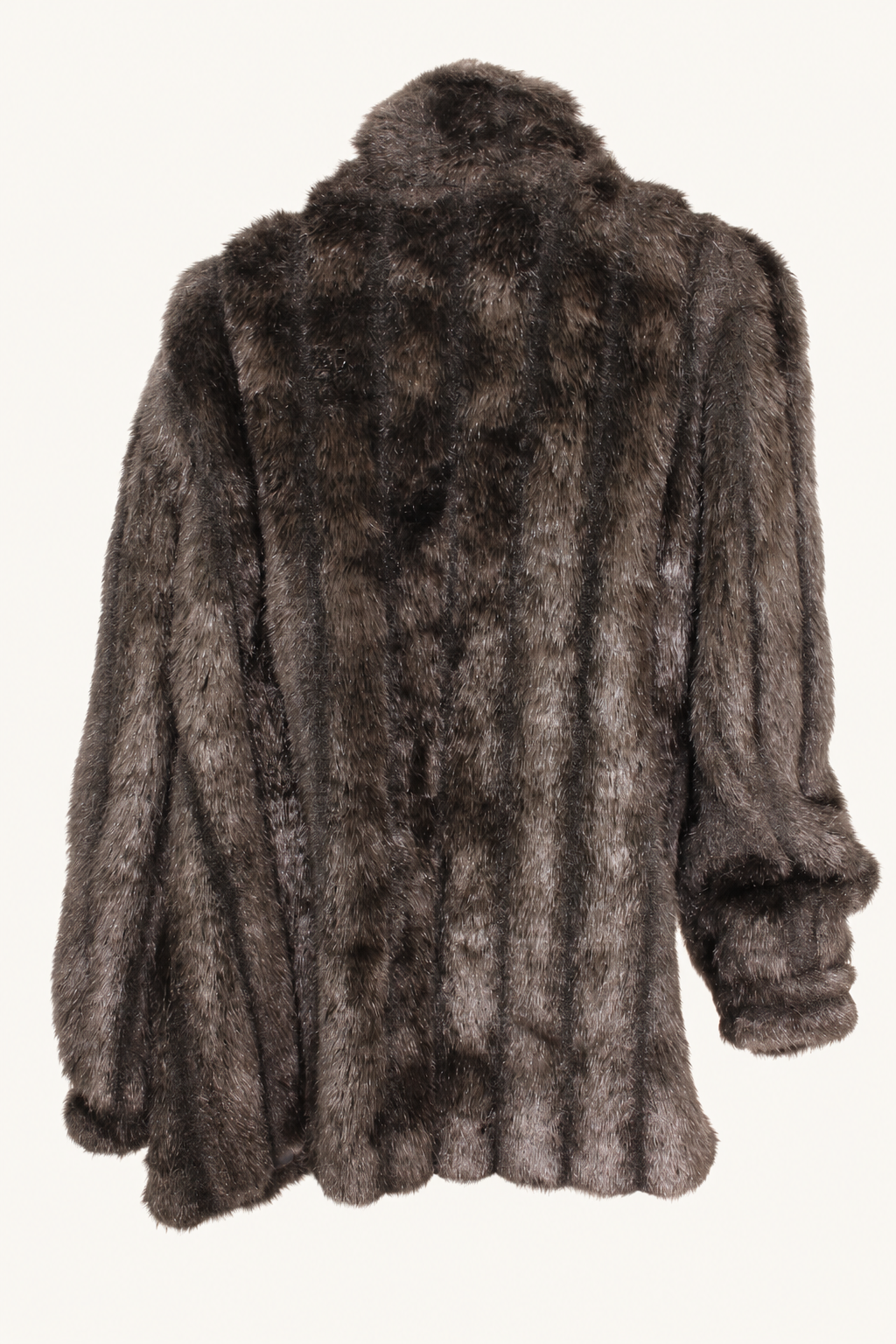 CR-0034, Dark Brown Fur-Textured Coat, garment-only rear view. AI-edited from the actual garment photograph; hanger, support and background removed.