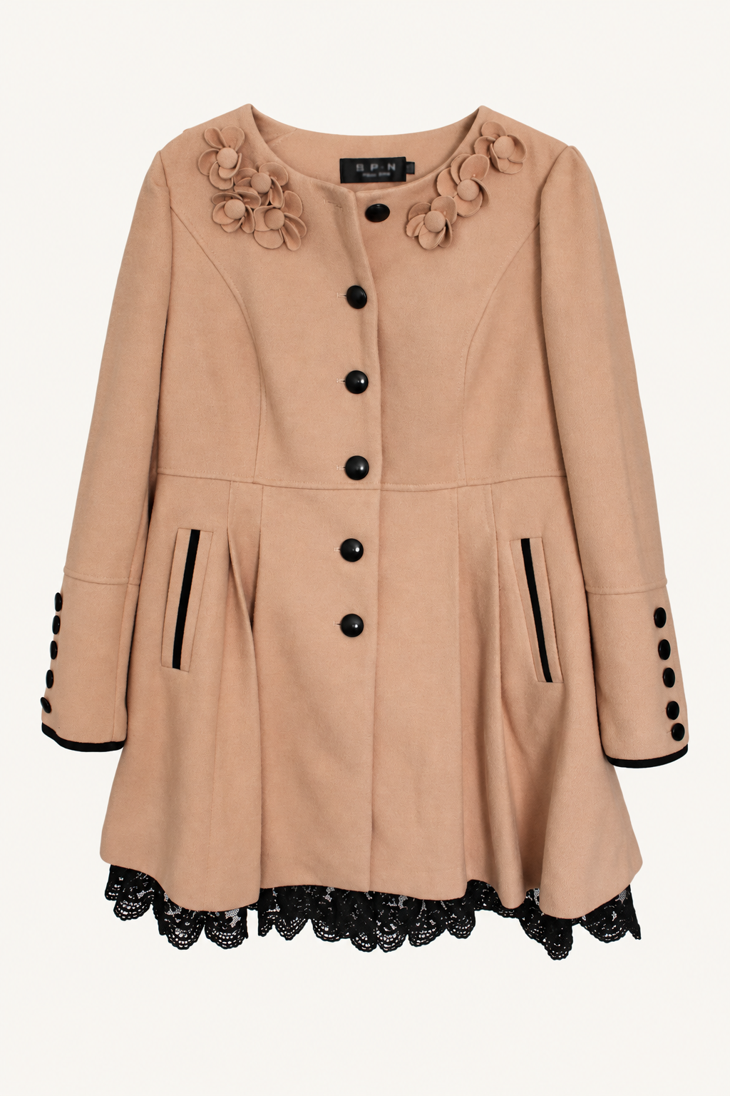 CR-0035, Camel Floral-Appliqué Lace-Hem Coat, garment-only front view. AI-edited from the actual garment photograph; hanger, support and background removed.
