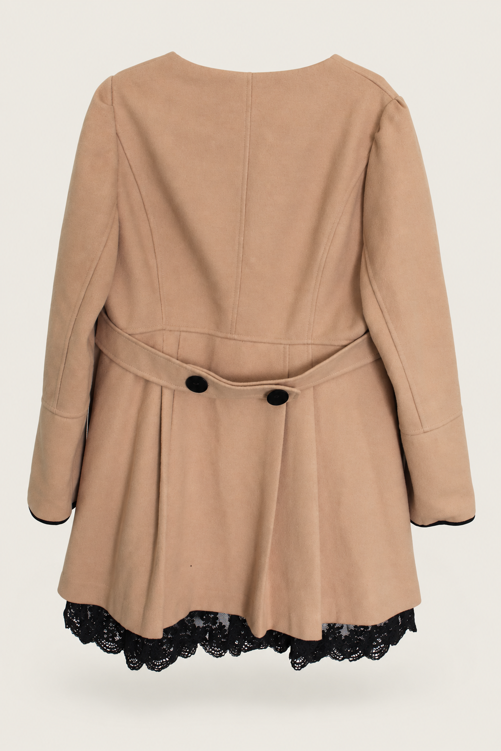 CR-0035, Camel Floral-Appliqué Lace-Hem Coat, garment-only rear view. AI-edited from the actual garment photo; hanger and background removed.